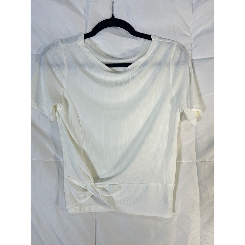 Allegra K Womens White‎ Ribbed Knit Twist Front Short Sleeve T Shirt Top XS